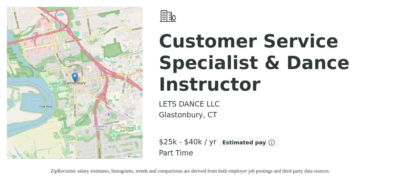 LETS DANCE LLC job posting for a Customer Service Specialist & Dance Instructor in Glastonbury, CT with a salary of $25,000 to $40,000 Yearly with a map of Glastonbury location.