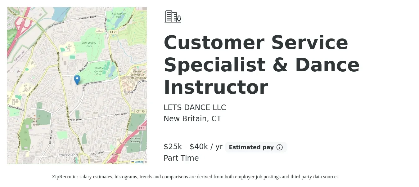 LETS DANCE LLC job posting for a Customer Service Specialist & Dance Instructor in New Britain, CT with a salary of $25,000 to $40,000 Yearly with a map of New Britain location.