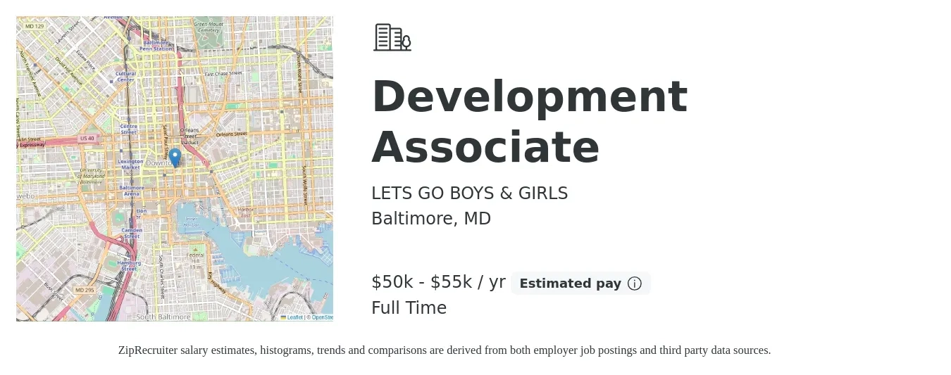 LETS GO BOYS & GIRLS job posting for a Development Associate in Baltimore, MD with a salary of $50,000 to $55,000 Yearly with a map of Baltimore location.