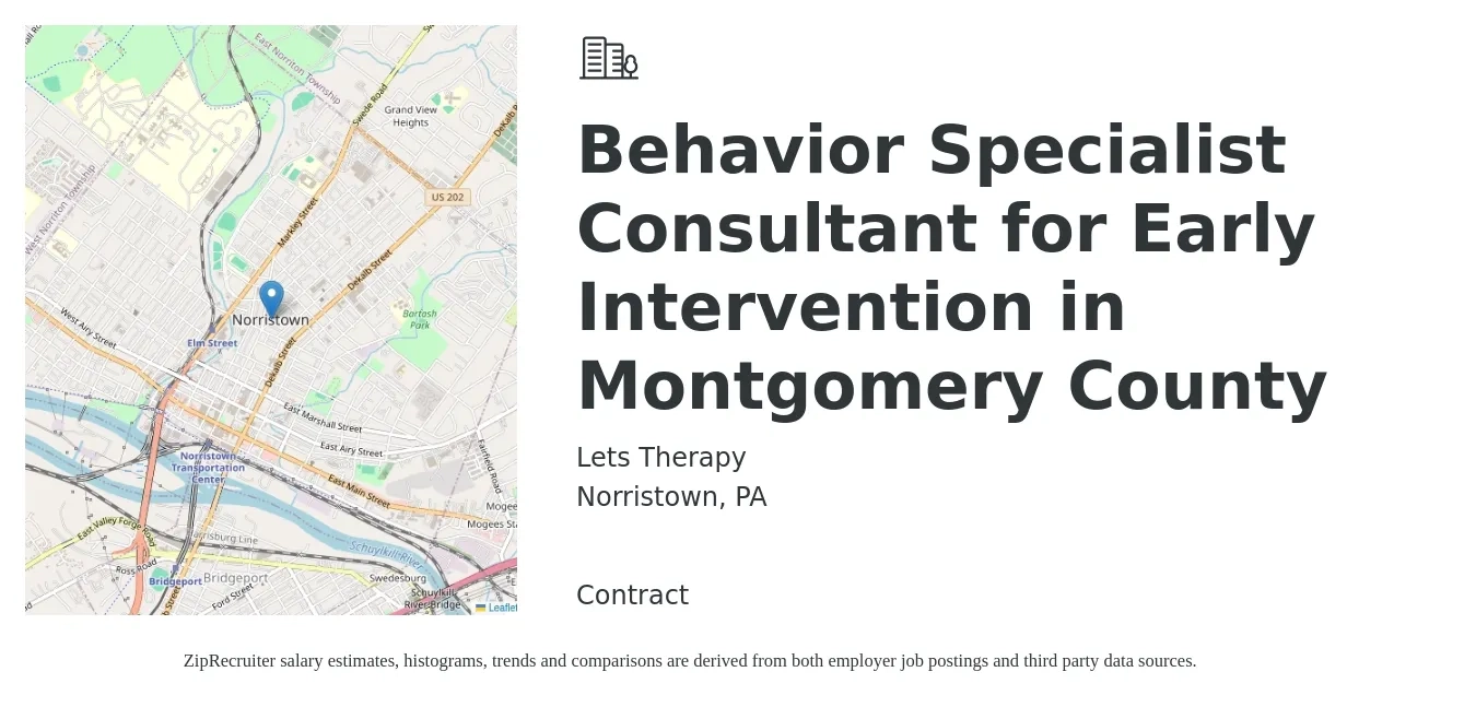 Lets Therapy job posting for a Behavior Specialist Consultant for Early Intervention in Montgomery County in Norristown, PA with a salary of $19 to $25 Hourly with a map of Norristown location.
