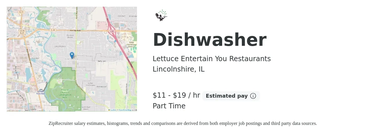 Lettuce Entertain You Restaurants job posting for a Dishwasher in Lincolnshire, IL with a salary of $12 to $20 Hourly with a map of Lincolnshire location.