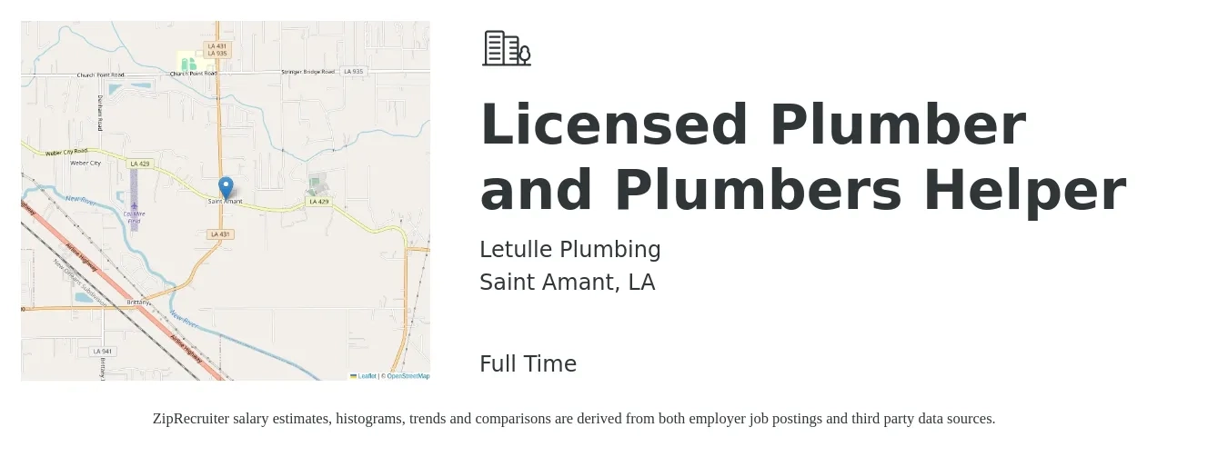 Letulle Plumbing job posting for a Licensed Plumber and Plumbers Helper in Saint Amant, LA with a salary of $14 to $18 Hourly with a map of Saint Amant location.