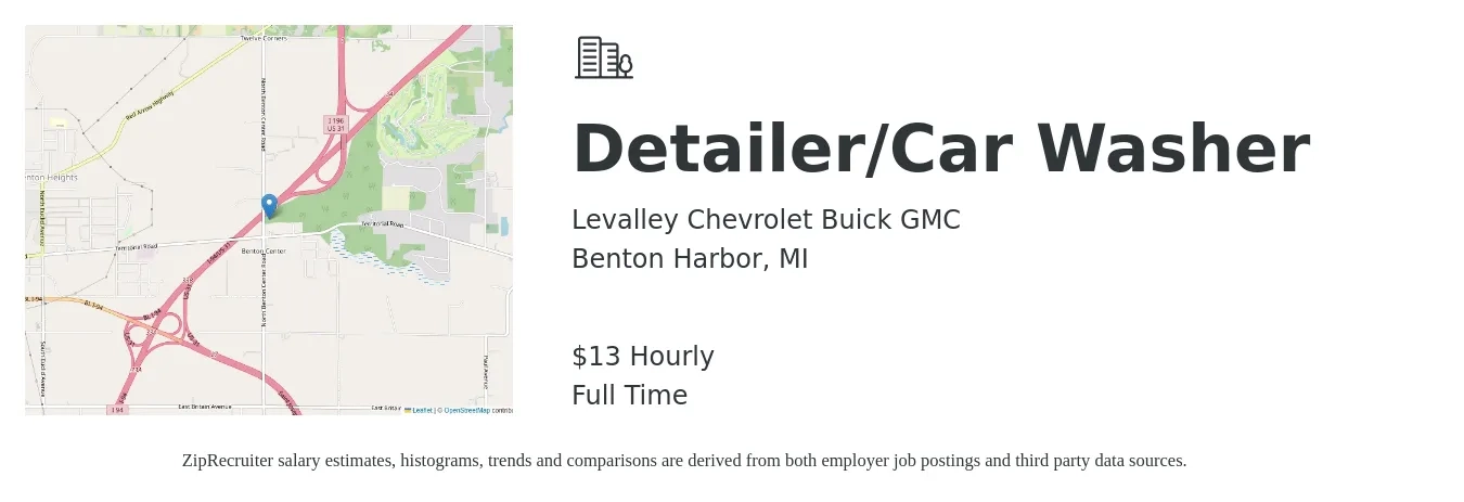 Levalley Chevrolet Buick GMC job posting for a Detailer/Car Washer in Benton Harbor, MI with a salary of $14 Hourly with a map of Benton Harbor location.