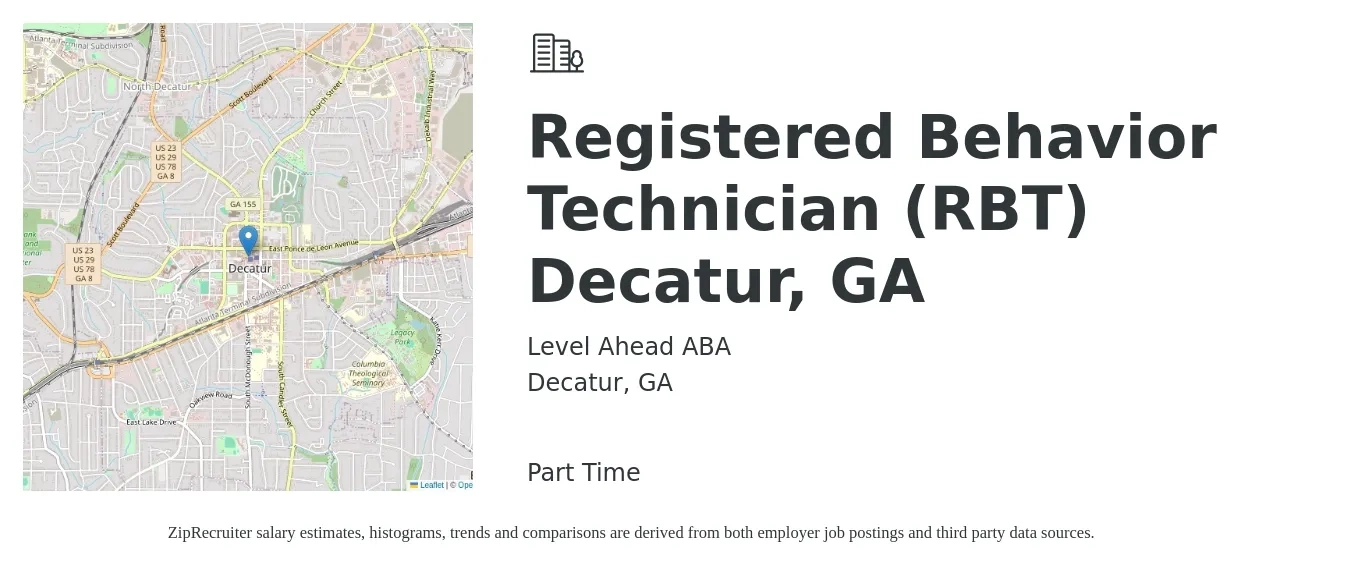 Level Ahead ABA job posting for a Registered Behavior Technician (RBT) Decatur, GA in Decatur, GA with a salary of $16 to $20 Hourly with a map of Decatur location.