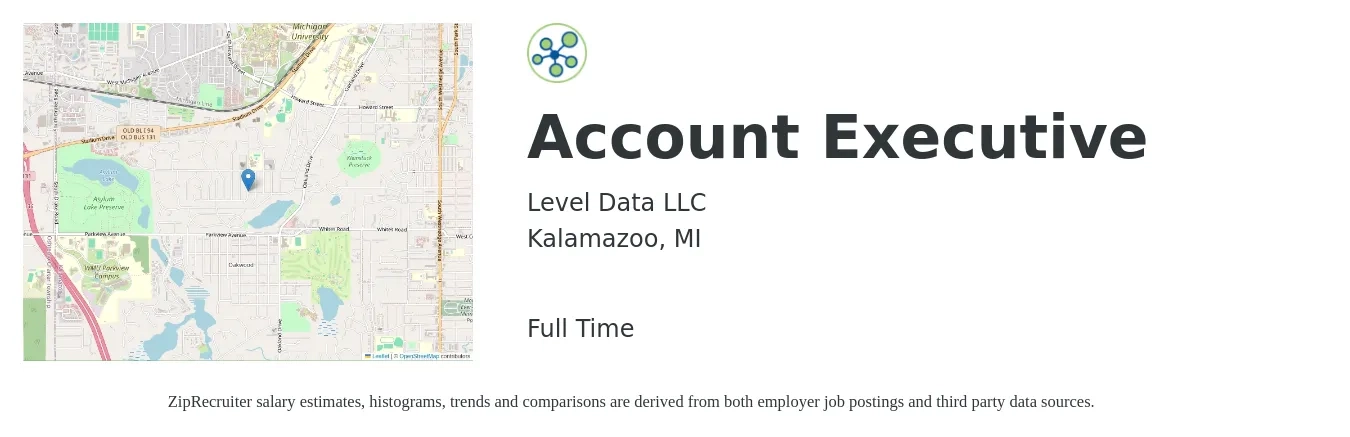 Level Data LLC job posting for a Account Executive in Kalamazoo, MI with a salary of $48,600 to $85,600 Yearly with a map of Kalamazoo location.