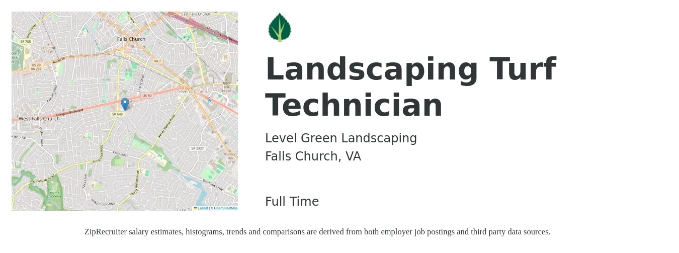 Level Green Landscaping job posting for a Landscaping Turf Technician in Falls Church, VA with a salary of $45,000 to $55,000 Yearly with a map of Falls Church location.