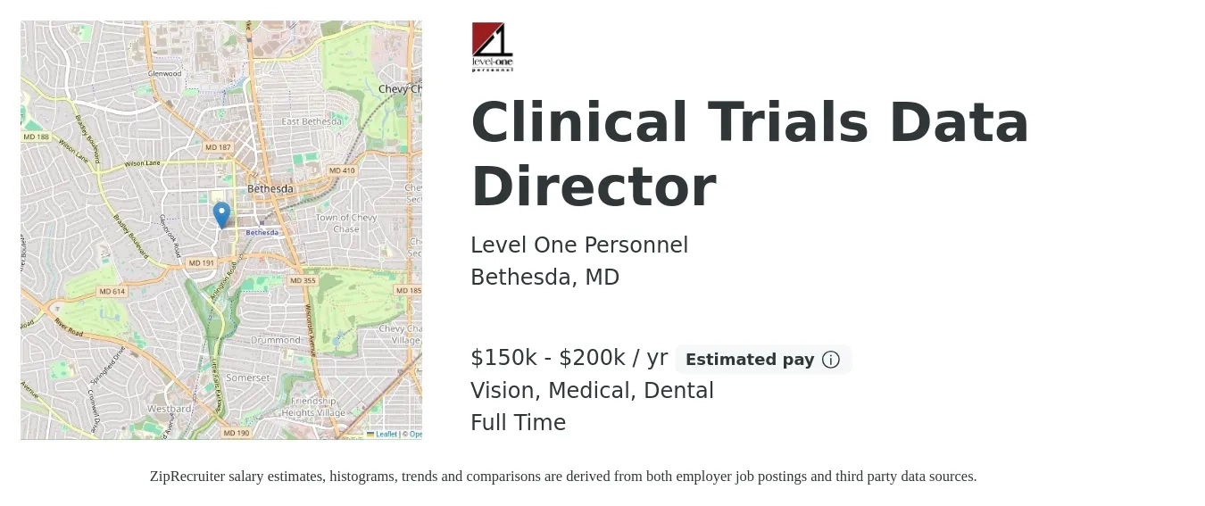 Level One Personnel job posting for a Clinical Trials Data Director in Bethesda, MD with a salary of $150,000 to $200,000 Yearly and benefits including pto, retirement, vision, dental, life_insurance, and medical with a map of Bethesda location.