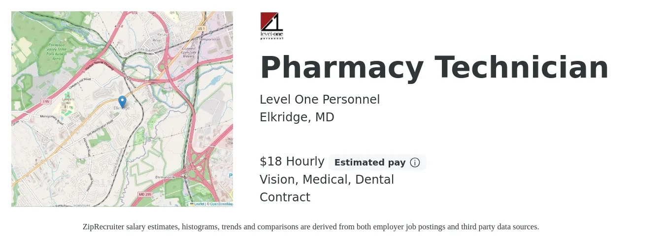 Level One Personnel job posting for a Pharmacy Technician in Elkridge, MD with a salary of $19 Hourly and benefits including life_insurance, medical, pto, retirement, vision, and dental with a map of Elkridge location.