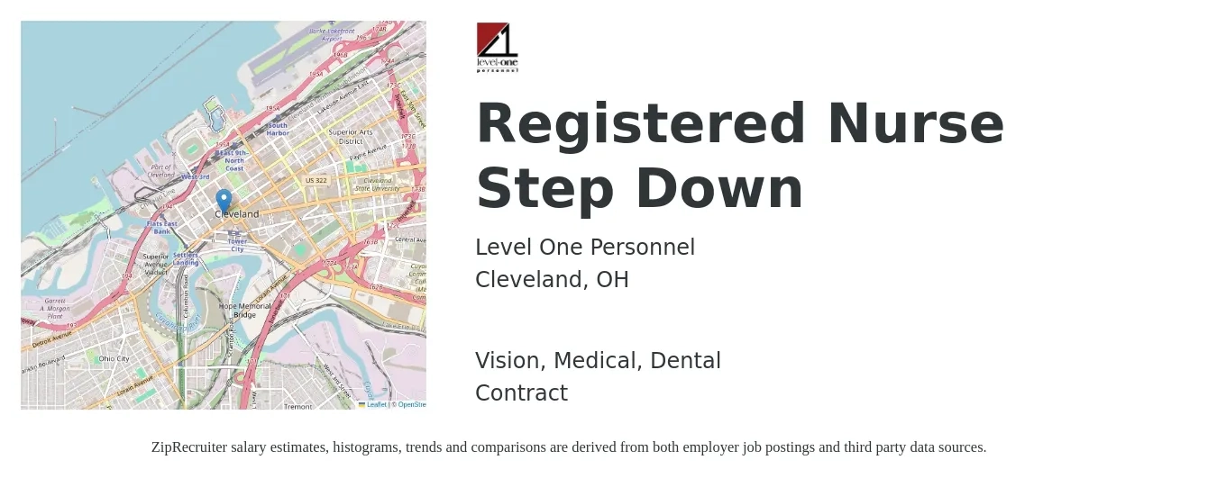 Level One Personnel job posting for a Registered Nurse Step Down in Cleveland, OH with a salary of $2,829 Weekly and benefits including vision, dental, life_insurance, medical, and retirement with a map of Cleveland location.