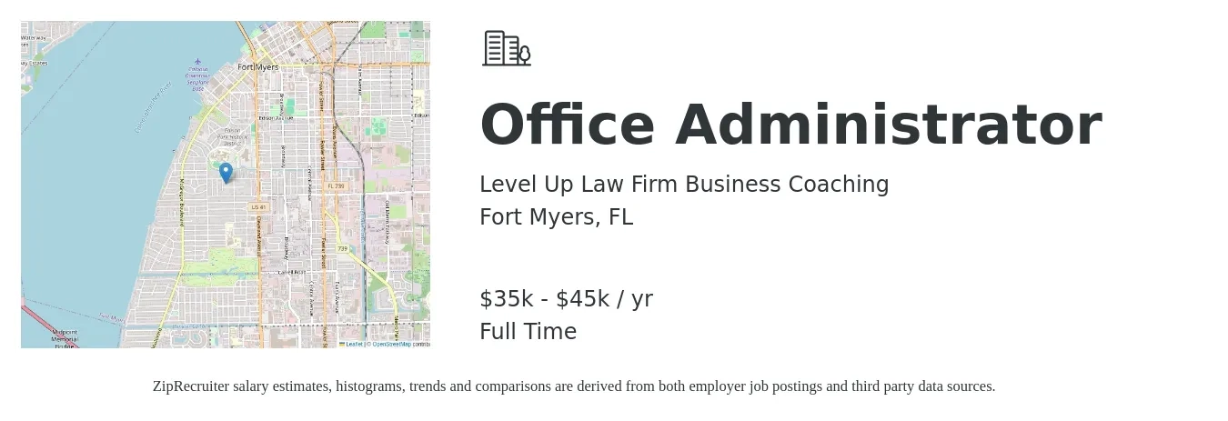 Level Up Law Firm Business Coaching job posting for a Office Administrator in Fort Myers, FL with a salary of $35,000 to $45,000 Yearly with a map of Fort Myers location.