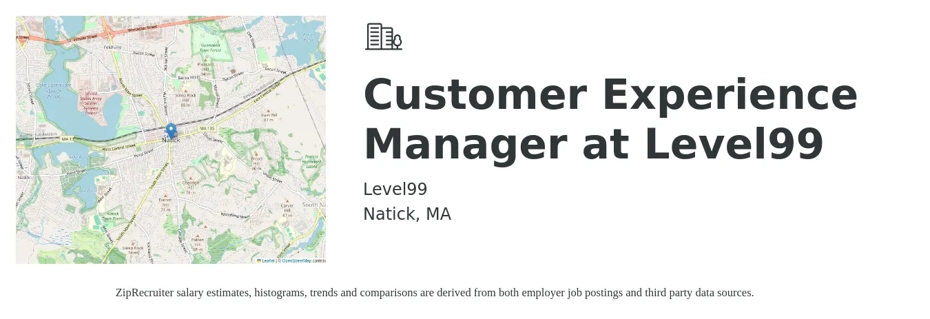 Level99 job posting for a Customer Experience Manager at Level99 in Natick, MA with a salary of $42,300 to $72,300 Yearly with a map of Natick location.