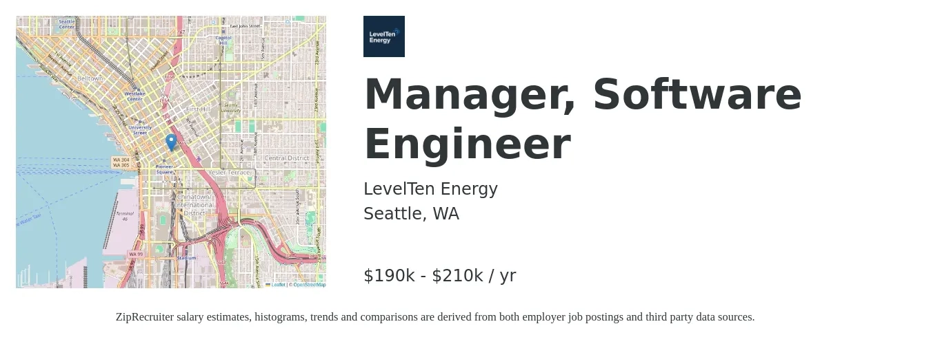 LevelTen Energy job posting for a Manager, Software Engineer in Seattle, WA with a salary of $190,000 to $210,000 Yearly with a map of Seattle location.