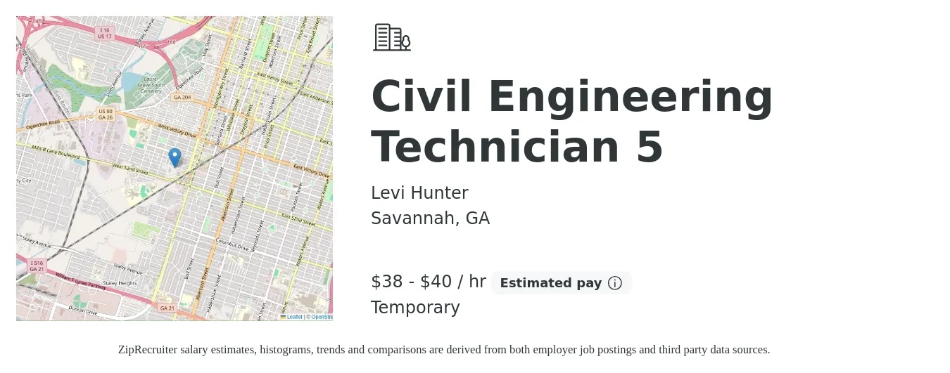 Levi Hunter job posting for a Civil Engineering Technician 5 in Savannah, GA with a salary of $40 to $42 Hourly with a map of Savannah location.