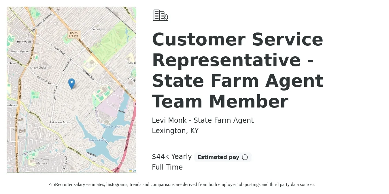 Levi Monk - State Farm Agent job posting for a Customer Service Representative - State Farm Agent Team Member in Lexington, KY with a salary of $44,000 Yearly with a map of Lexington location.