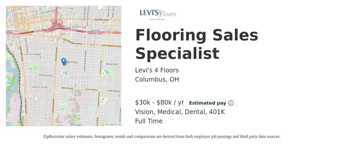 Levi's 4 Floors job posting for a Flooring Sales Specialist in Columbus, OH with a salary of $30,000 to $80,000 Yearly and benefits including medical, vision, 401k, and dental with a map of Columbus location.