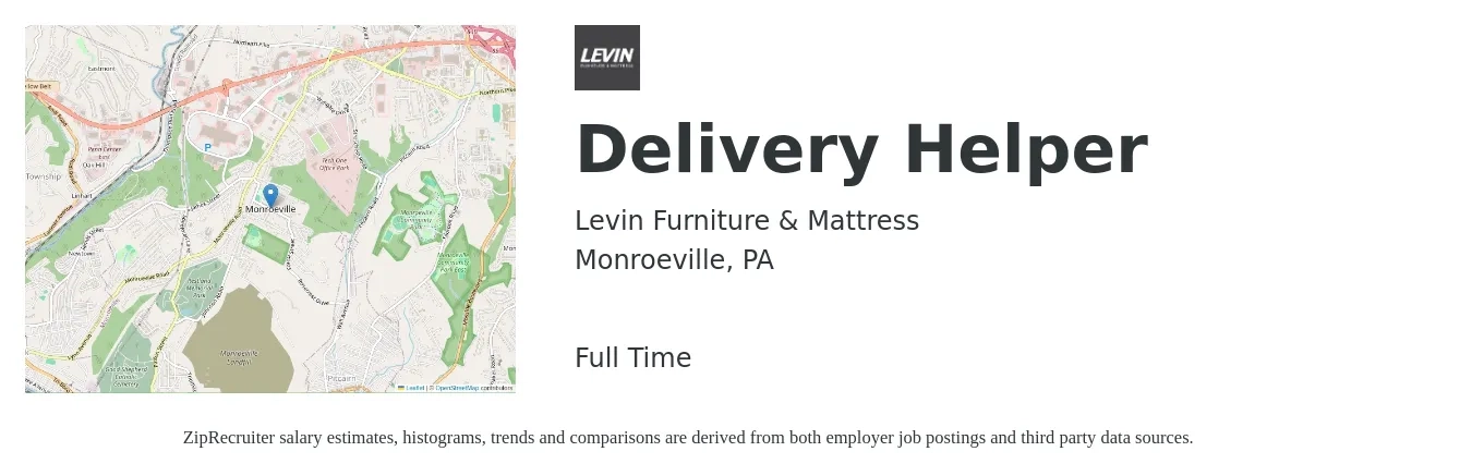 Levin Furniture & Mattress job posting for a Delivery Helper in Monroeville, PA with a salary of $16 to $18 Hourly with a map of Monroeville location.
