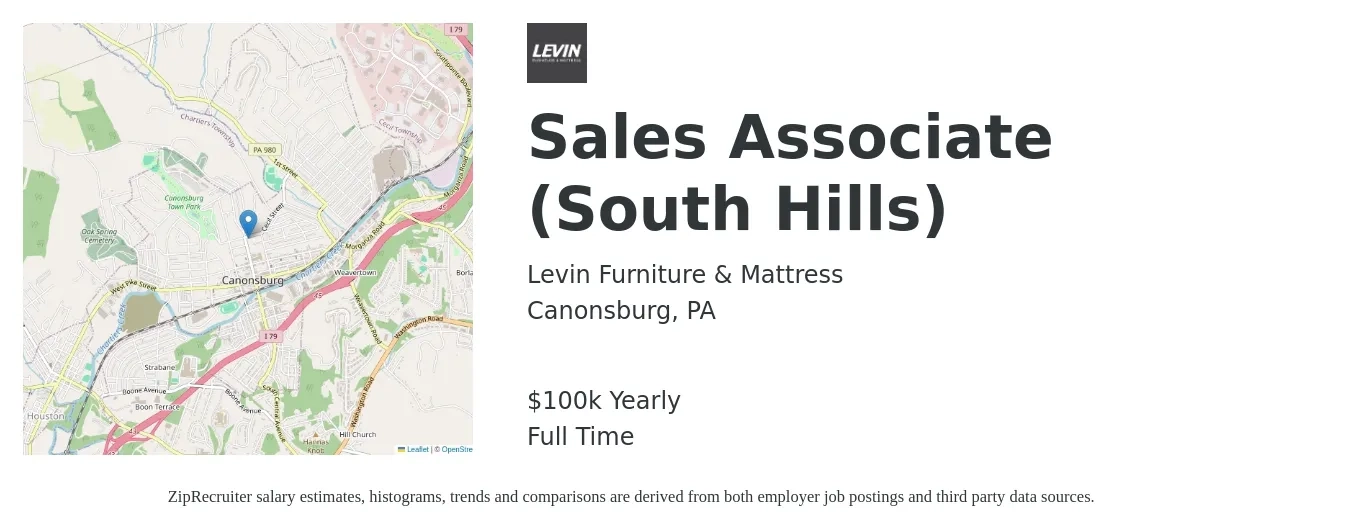 Levin Furniture & Mattress job posting for a Sales Associate (South Hills) in Canonsburg, PA with a salary of $100,000 Yearly with a map of Canonsburg location.