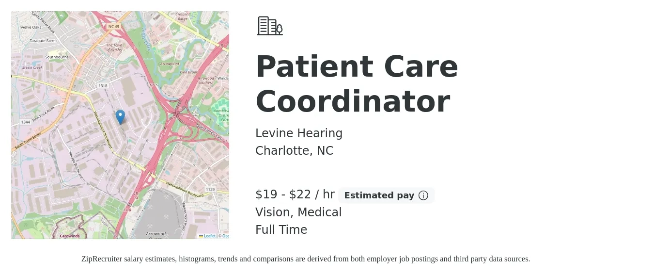Levine Hearing job posting for a Patient Care Coordinator in Charlotte, NC with a salary of $20 to $23 Hourly and benefits including medical, pto, and vision with a map of Charlotte location.