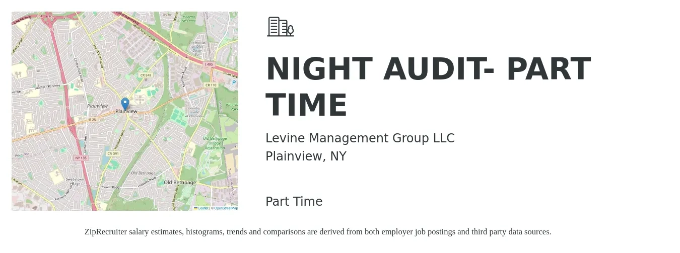 Levine Management Group LLC job posting for a NIGHT AUDIT- PART TIME in Plainview, NY with a salary of $15 to $20 Hourly with a map of Plainview location.