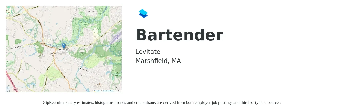 Levitate job posting for a Bartender in Marshfield, MA with a salary of $15 to $30 Hourly with a map of Marshfield location.