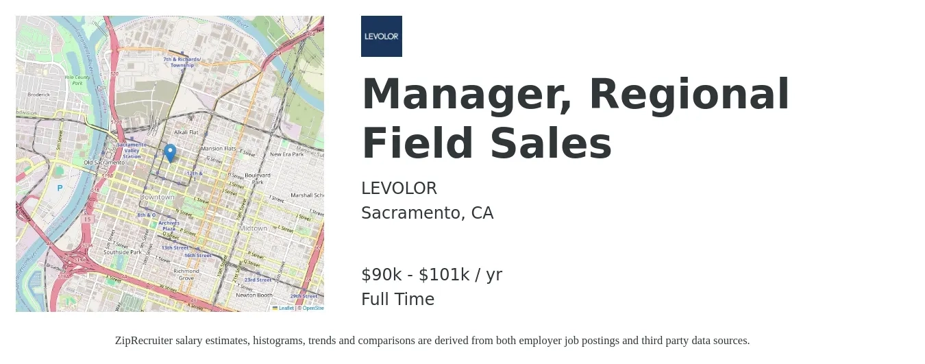 Levolor job posting for a Manager, Regional Field Sales in Sacramento, CA with a salary of $90,000 to $101,000 Yearly with a map of Sacramento location.