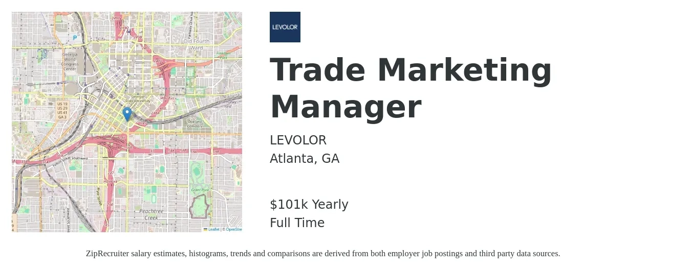 LEVOLOR job posting for a Trade Marketing Manager in Atlanta, GA with a salary of $101,000 Yearly with a map of Atlanta location.