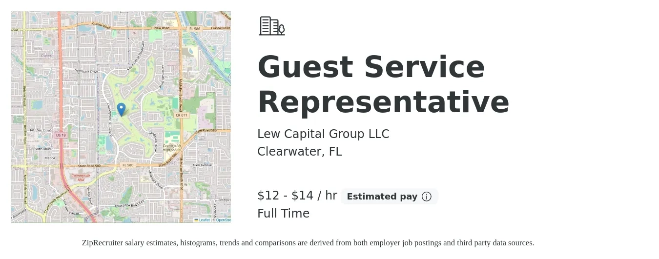 Lew Capital Group LLC job posting for a Guest Service Representative in Clearwater, FL with a salary of $13 to $15 Hourly with a map of Clearwater location.