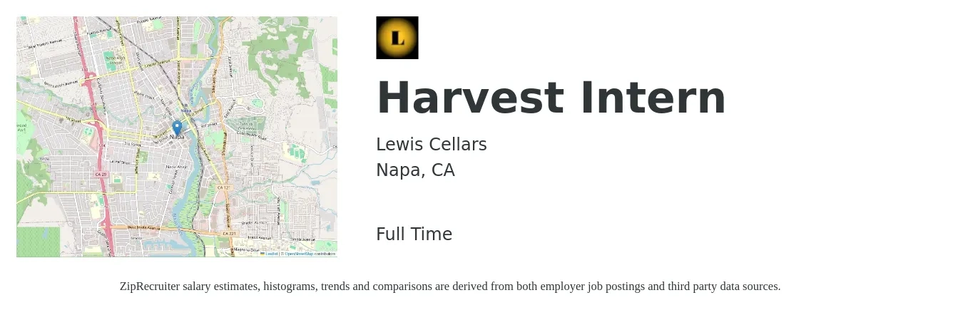 Lewis Cellars job posting for a Harvest Intern in Napa, CA with a salary of $19 to $25 Hourly with a map of Napa location.