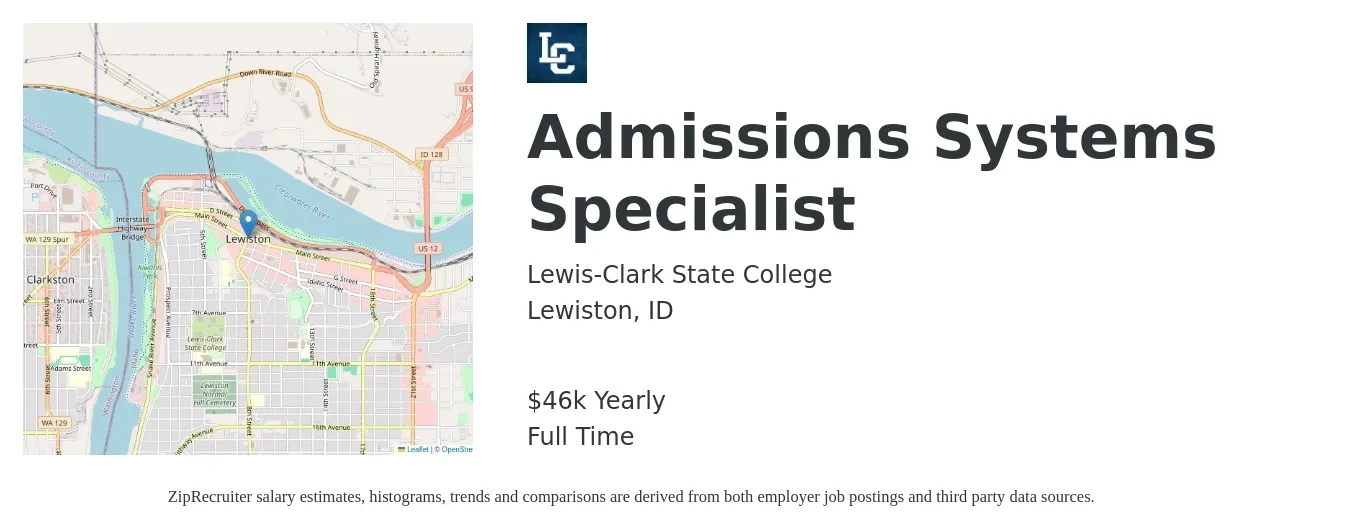 Lewis-Clark State College job posting for a Admissions Systems Specialist in Lewiston, ID with a salary of $46,052 Yearly with a map of Lewiston location.