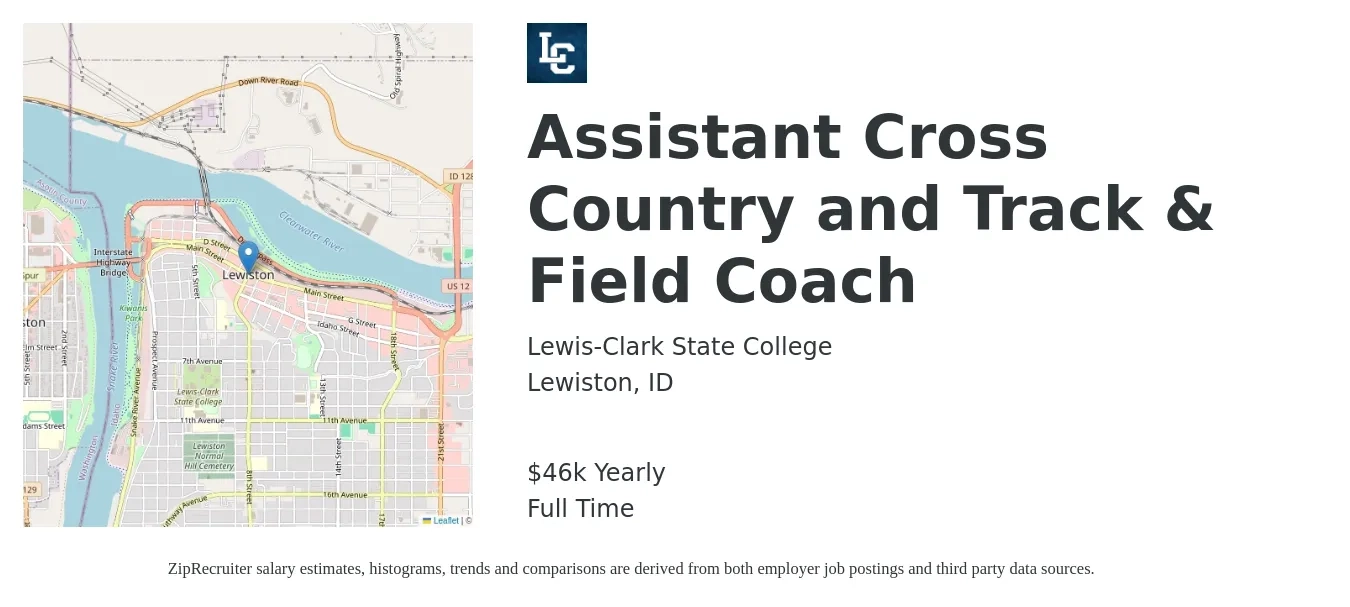 Lewis-Clark State College job posting for a Assistant Cross Country and Track & Field Coach in Lewiston, ID with a salary of $46,052 Yearly with a map of Lewiston location.