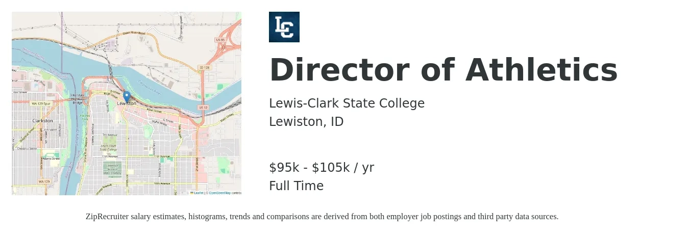 Lewis-Clark State College job posting for a Director of Athletics in Lewiston, ID with a salary of $95,000 to $105,000 Yearly with a map of Lewiston location.