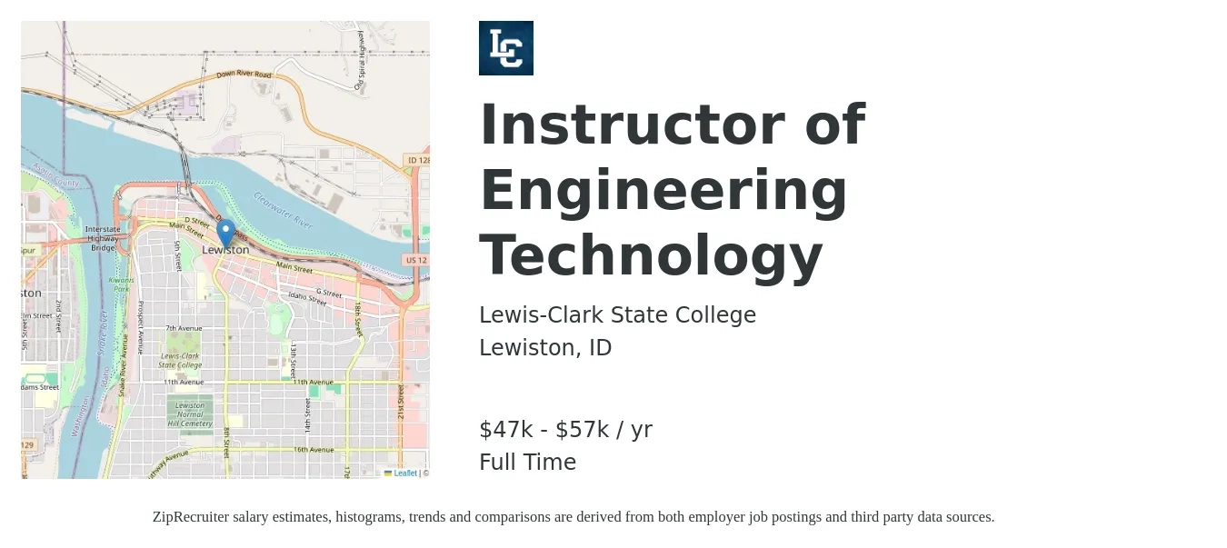 Lewis-Clark State College job posting for a Instructor of Engineering Technology in Lewiston, ID with a salary of $47,325 to $57,390 Yearly with a map of Lewiston location.