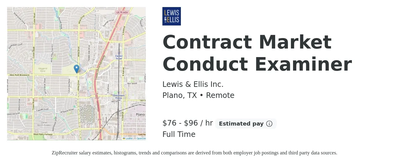 Lewis & Ellis Inc. job posting for a Contract Market Conduct Examiner in Plano, TX with a salary of $80 to $100 Hourly with a map of Plano location.