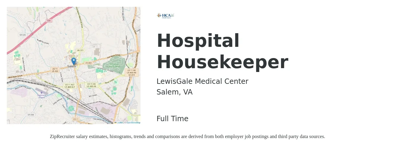 LewisGale Medical Center job posting for a Hospital Housekeeper in Salem, VA with a salary of $14 to $18 Hourly with a map of Salem location.