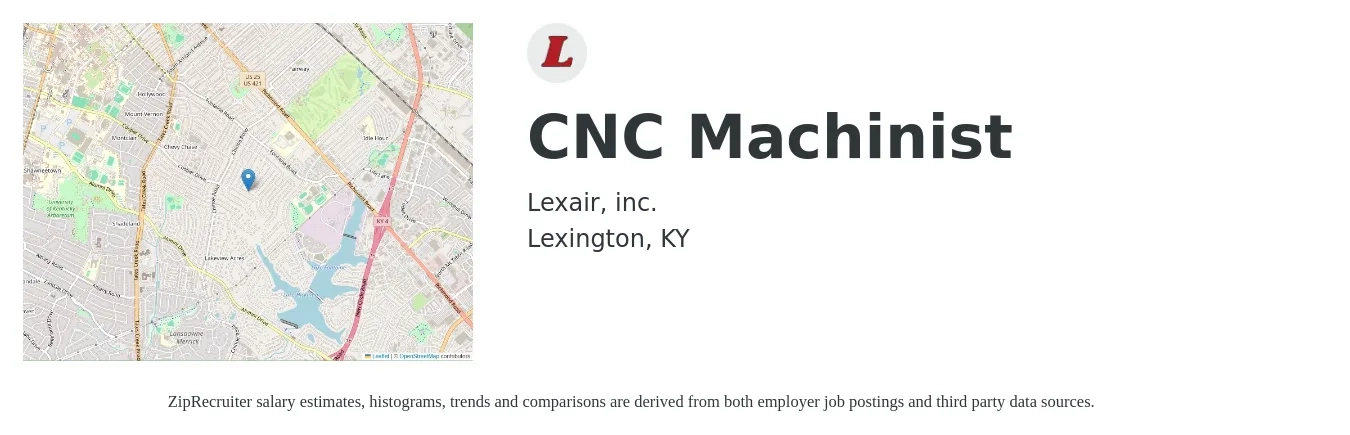 Lexair, inc. job posting for a CNC Machinist in Lexington, KY with a salary of $18 to $24 Hourly with a map of Lexington location.