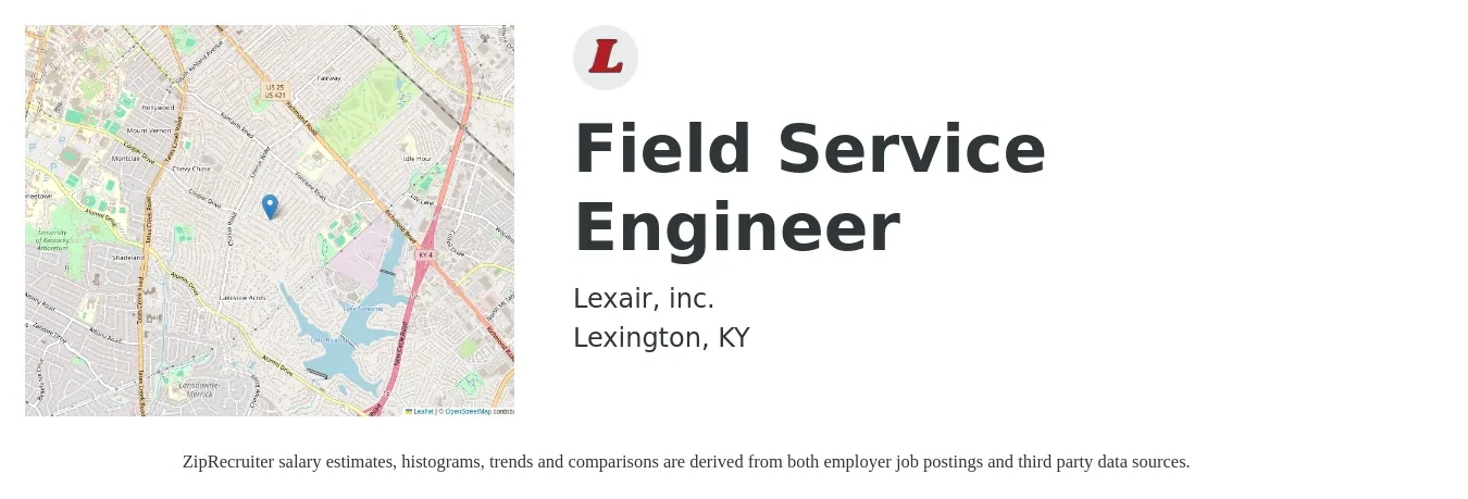 Lexair, inc. job posting for a Field Service Engineer in Lexington, KY with a salary of $49,000 to $72,600 Yearly with a map of Lexington location.