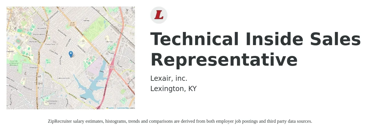 Lexair, inc. job posting for a Technical Inside Sales Representative in Lexington, KY with a salary of $42,900 to $61,800 Yearly with a map of Lexington location.