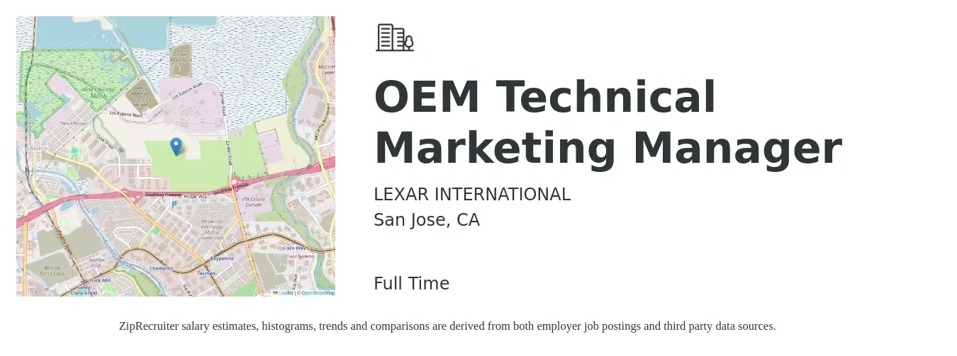LEXAR INTERNATIONAL job posting for a OEM Technical Marketing Manager in San Jose, CA with a salary of $136,900 to $212,700 Yearly with a map of San Jose location.