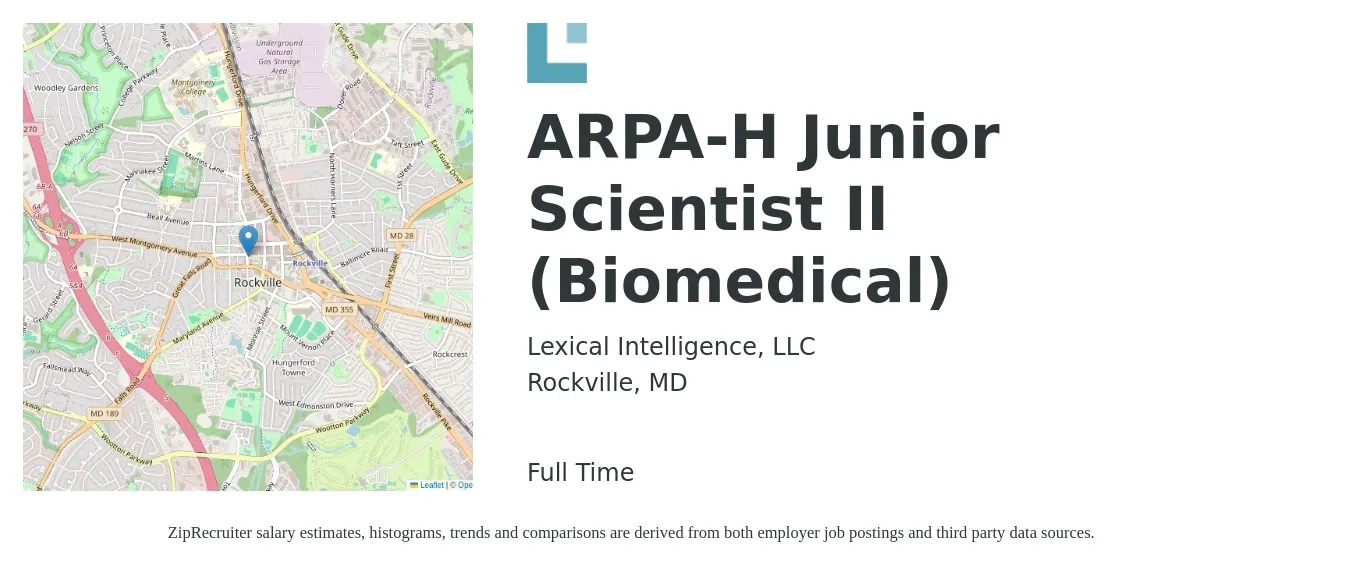 Lexical Intelligence, LLC job posting for a ARPA-H Junior Scientist II (Biomedical) in Rockville, MD with a map of Rockville location.