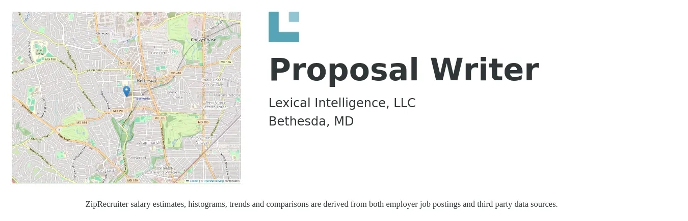 Lexical Intelligence, LLC job posting for a Proposal Writer in Bethesda, MD with a salary of $75,000 to $100,000 Yearly with a map of Bethesda location.