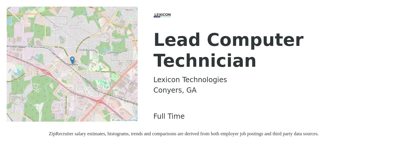 Lexicon Technologies job posting for a Lead Computer Technician in Conyers, GA with a salary of $38,100 to $49,400 Yearly with a map of Conyers location.