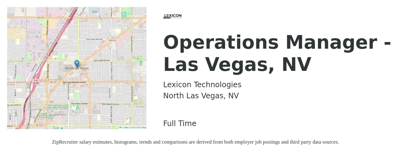 Lexicon Technologies job posting for a Operations Manager - Las Vegas, NV in North Las Vegas, NV with a salary of $38,100 to $72,100 Yearly with a map of North Las Vegas location.