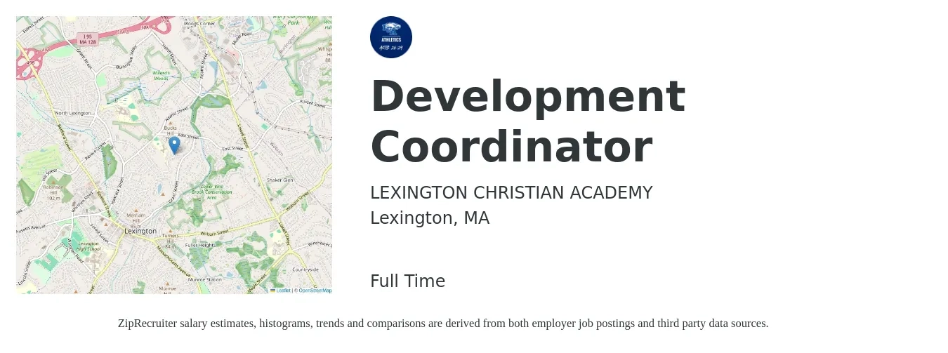 LEXINGTON CHRISTIAN ACADEMY job posting for a Development Coordinator in Lexington, MA with a salary of $48,900 to $65,700 Yearly with a map of Lexington location.
