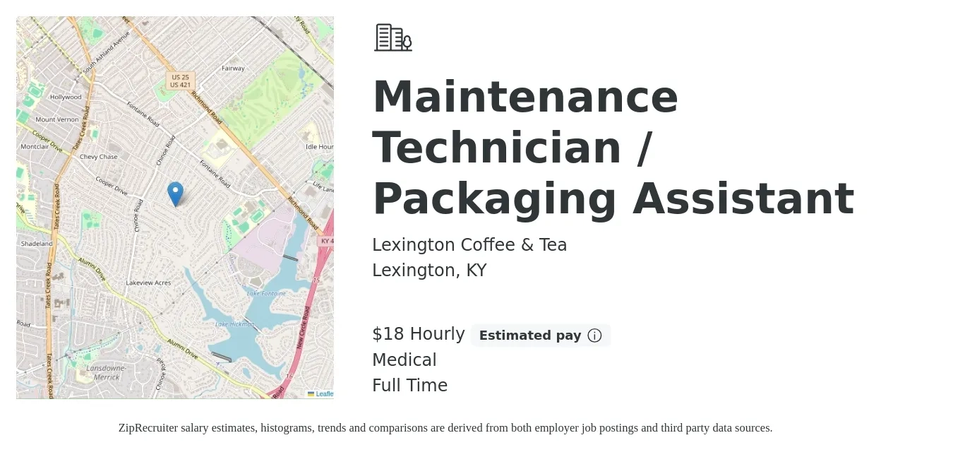 Lexington Coffee & Tea job posting for a Maintenance Technician / Packaging Assistant in Lexington, KY with a salary of $19 Hourly and benefits including medical, and pto with a map of Lexington location.
