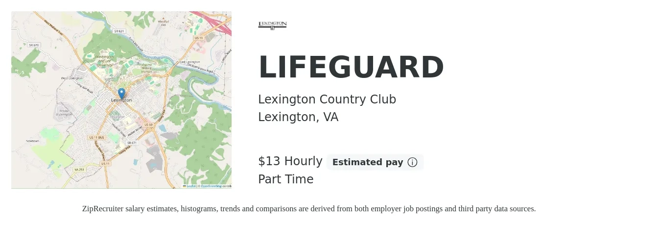 Lexington Country Club job posting for a LIFEGUARD in Lexington, VA with a salary of $14 Hourly with a map of Lexington location.