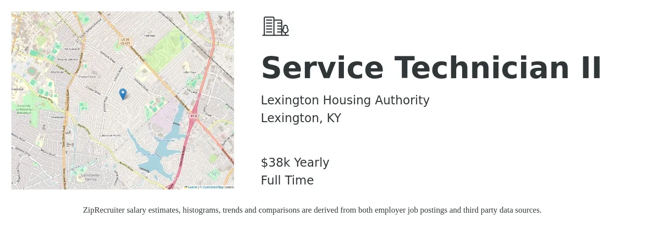 Lexington Housing Authority job posting for a Service Technician II in Lexington, KY with a salary of $38,698 Yearly with a map of Lexington location.