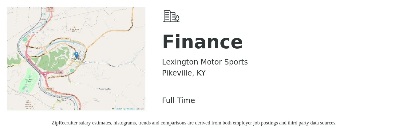 Lexington Motor Sports job posting for a Finance in Pikeville, KY with a salary of $47,400 to $73,100 Yearly with a map of Pikeville location.