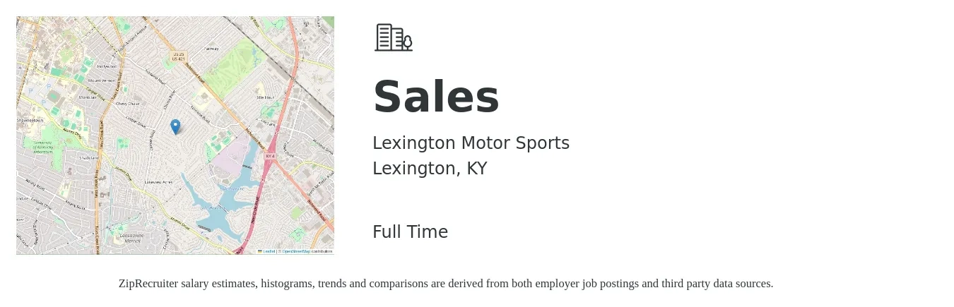 Lexington Motor Sports job posting for a Sales in Lexington, KY with a salary of $44,900 to $81,800 Yearly with a map of Lexington location.