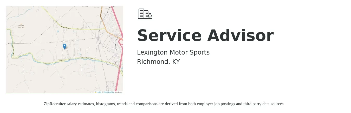 Lexington Motor Sports job posting for a Service Advisor in Richmond, KY with a salary of $16 to $25 Hourly with a map of Richmond location.