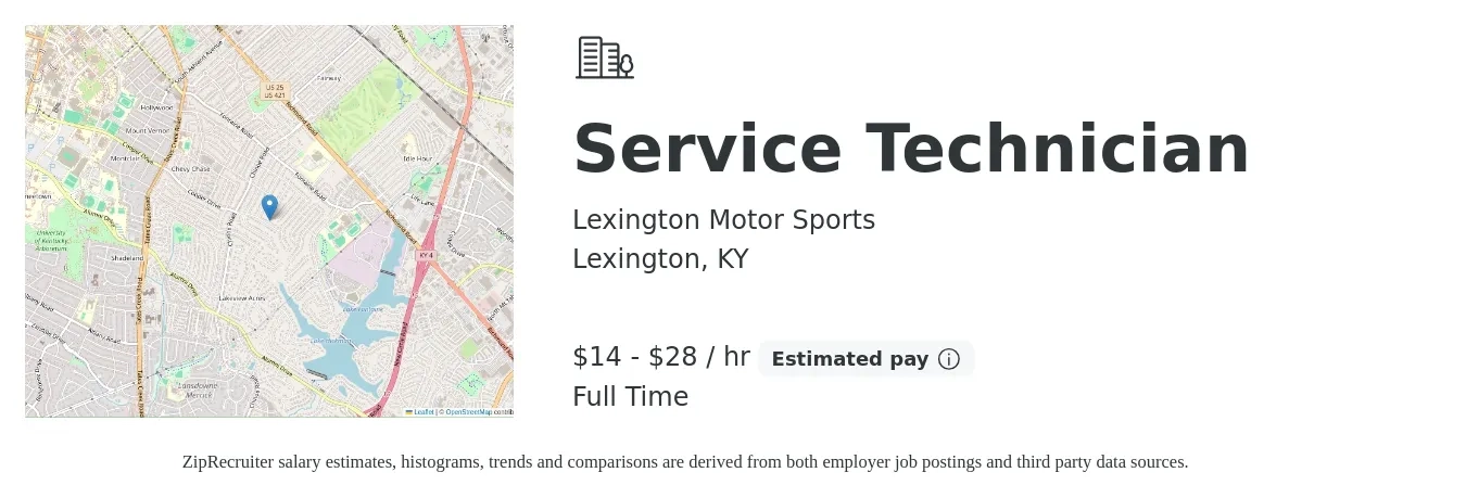 Lexington Motor Sports job posting for a Service Technician in Lexington, KY with a salary of $15 to $30 Hourly with a map of Lexington location.